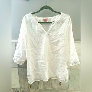 St Tropez 100% linen white tunic medium embroidered trim